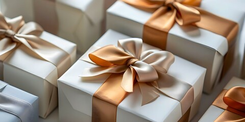 Wall Mural - Several elegant white gift boxes tied with satin ribbons on white background. Concept Gift Boxes, Elegant, Satin Ribbons, White Background, Luxury Packaging