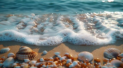 Wall Mural - Gentle waves caressing a shell-strewn shore at sunset