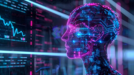 Poster - A mans head is in focus, looking at a digital display showing data and information.