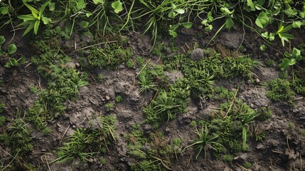 Grassy field with earth and rocks in the backdrop. Landscape concept