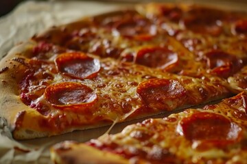 Sticker - Closeup of a delectable, handcrafted pepperoni pizza with melted cheese, freshly made tomato sauce, and savory toppings, perfect for a fast and comforting italian dinner