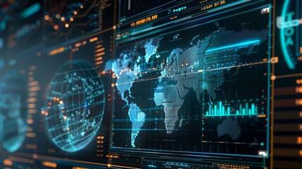 Poster - A detailed map of the world displayed on a large screen, highlighting countries, continents, and major cities with precision.