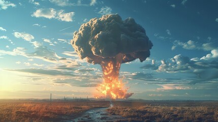 nuclear explosion mushroom cloud rising into sky apocalyptic digital art