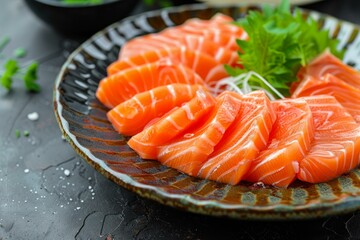 Canvas Print - Vibrant salmon sashimi slices arranged on a rustic ceramic plate, garnished with parsley