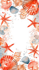 Wall Mural - Seashell watercolor frame with starfish, coral and sand