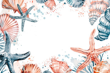 Wall Mural - Sea shells, starfish, and marine elements frame on white background