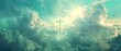 © Seksan - Heavenly sky with glowing cross. Peaceful and inspiring scene featuring clouds, sunlight, and birds, symbolizing faith and spirituality.