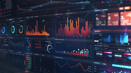Poster - A large wall covered with various graphs, charts, and statistics displayed in a data-heavy presentation.