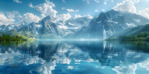 Poster - Captivating Alpine Lake Mirroring Towering Mountains in Serene Digital Landscape