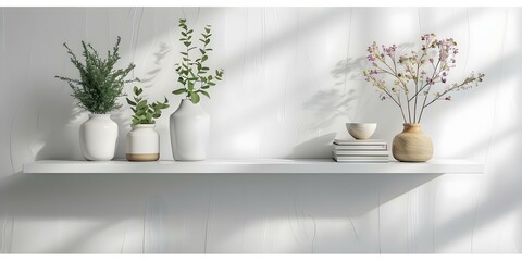 Wall Mural - Minimalist white wall shelves with no objects. Concept Minimalist Decor, White Wall Shelves