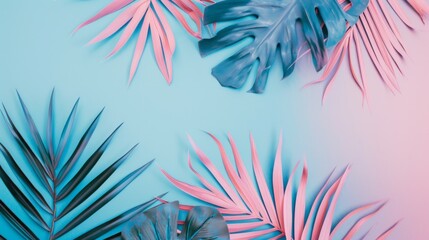 Poster - A blue background with pink and green leaves
