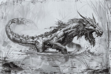 Wall Mural - A drawing of a large, menacing dragon with a long tail. 