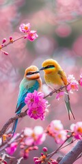 Two colorful birds with vibrant blue, green, and orange plumage perch on a branch adorned with pink cherry blossoms. The background is softly blurred, creating a dreamy atmosphere.