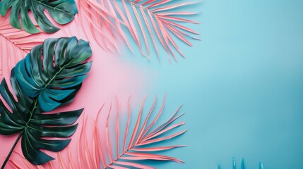 Poster - A blue background with pink and green leaves