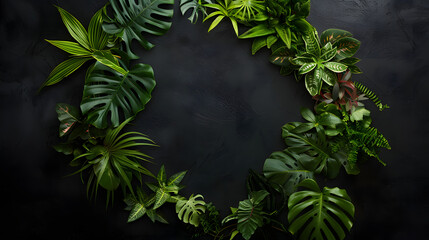 circle banner with green tropical leaves on black background. Exotic botanical design for cosmetics, spa, perfume, beauty salon, travel agency, florist shop. Best as packaging design