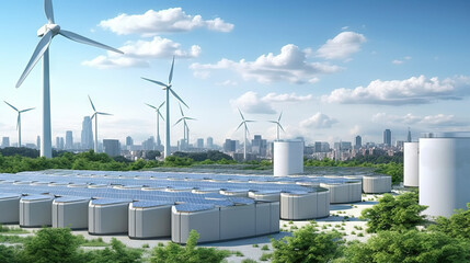 An eco-friendly scene showing modern wind turbines, solar panels, and energy storage installations