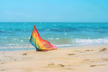 Wall Mural - Rainbow flag on the sand beach. Pride month.