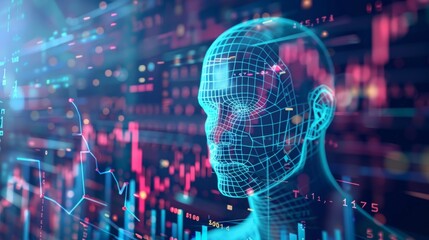 Poster - A mans head is prominently displayed in front of a futuristic digital background, showcasing a blend of technology and human presence.