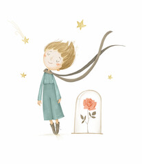 a boy with and the rose under the hood on a white background. cute cartoon illustration.