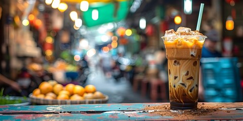 Wall Mural - Refreshing Vietnamese Iced Coffee with Condensed Milk in a Vibrant Street Market Setting