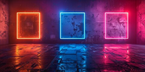 Vector set of realistic isolated neon sign of colorful square frame for template and layout on the wall background