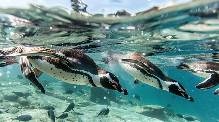 Poster -   Group of penguins swimming in ocean with abundant fish near water's bottom, as depicted in photo