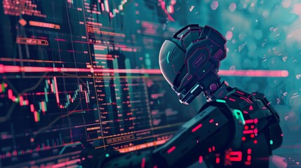Poster - A robot clad in a futuristic suit intensely studies a stock chart displayed in front of it.