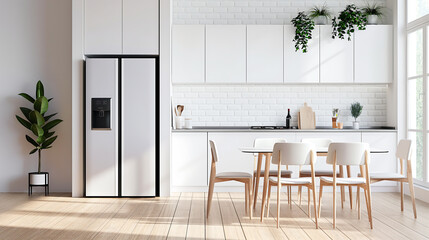 Frontal view refrigerator in a modern kitchen with table and chairs, kitchen, modern cabinets, house kitchen on a sunny day