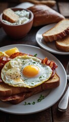 Wall Mural - Hearty breakfast, bacon, eggs, and toast.