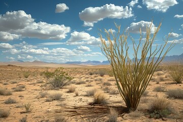 Canvas Print - Tranquil desert scene featuring a tall cactus under a clear blue sky with mountains in the distance