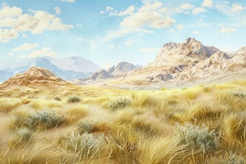 Poster - Serene desert scene with majestic mountains under a clear blue sky and golden grass in the foreground