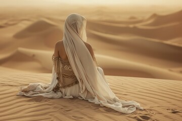 Wall Mural - Serene woman in flowing dress sits amidst endless dunes during a tranquil desert sunset