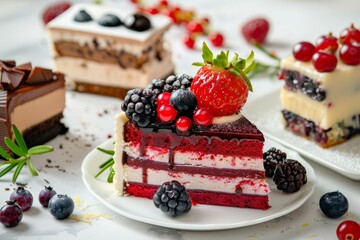 Wall Mural - Luscious slice of berry cheesecake topped with fresh fruits on an elegant plate