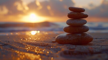 Wall Mural - On a sandy beach during sunset, golden reflections on the water illuminate a balanced stack of smooth stones, enhancing the serene atmosphere.