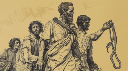 Paul Shipwrecked on Malta, Islanders Helping, Snake Hanging from Hand, Biblical Illustration, Beige Background, Copyspace