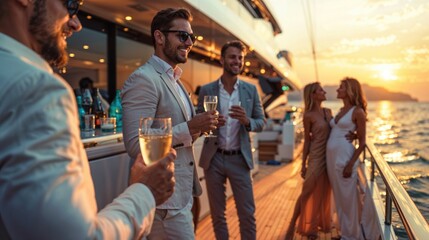 Luxury Yacht Party at Sunset: well-dressed peerson enjoying a party on a luxury yacht, sunset lighting