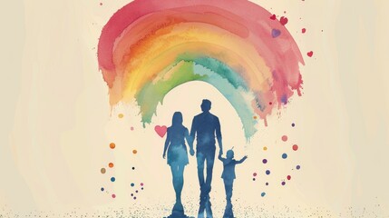 A family of three walking hand in hand under a watercolor rainbow, symbolizing love, unity, and hope for the future.