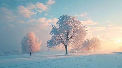 Wall Mural - Under a soft pink sunrise sky, an enchanting winter landscape reveals snow-covered fir trees, creating a serene and frosty atmosphere.