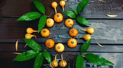 Poster -   A cluster of miniature pumpkins perched atop a wooden table, surrounded by lush greenery and an adjacent foliage plant