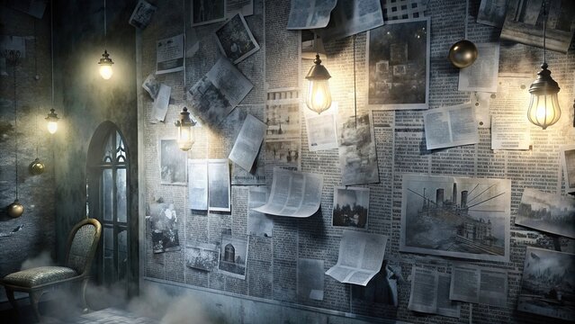 Vintage newspaper clippings collage on wall with retro street art elements, in grayscale with a glow effect