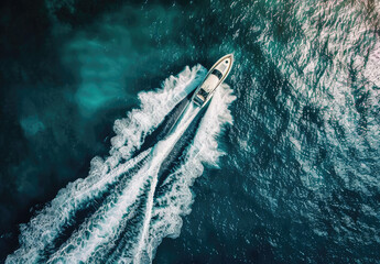 Canvas Print - A speedboat in the ocean, seen from above, leaving waves behind it, creating an aerial view of its path through crystalclear blue waters