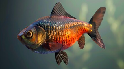 3D rendering of a beautiful goldfish with red and orange scales, viewed from the side.