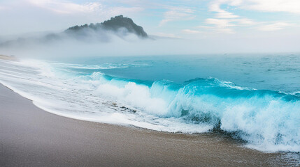 Canvas Print - waves on the beach, Blue ocean waves splashing on white glittering marble, realistic photo, high resolution, Foggy beach with water washing onshore, bright