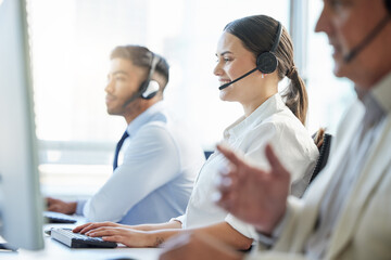 Aufkleber - Call center, woman and smile with headphone, conversation and communication in workplace. Group, technology and telemarketing agent or team in office for consulting, customer service and support