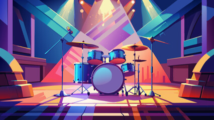 Vibrant Concert Stage with Drum Set Under Spotlights