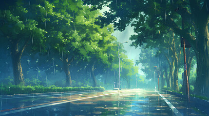 Streets with green trees along the roads in rainy weather