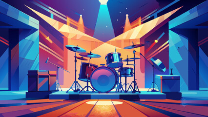 Wall Mural - Vibrant Concert Stage with Drum Set and Lighting Effects