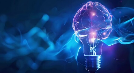 artificial intelligence concept, closeup of a digital glow Light bulb with brain inside, future data, blue background, waves are flow, generative ai