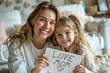 © kitipol - daughter and mom in white living room, Duaghter give a handmade paper card with text LOVE MOM  on card for her mother, pencil coloring , red heart on aper.