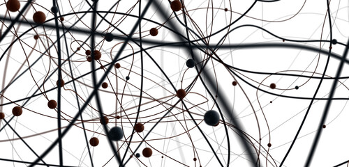 Poster - Big data visualization. Network connection structure with chaotic distribution of points and lines. 3D rendering.
